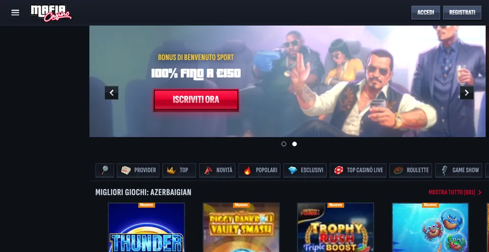 Homepage di Mafia Casino, casinò estero con deposito da 30 €